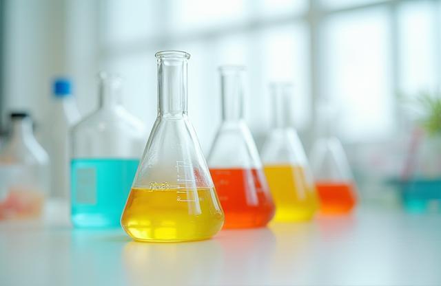 Detailed close-up shot of glass beakers and natural liquid ingredients being measured in a brightly lit, clean laboratory setting.