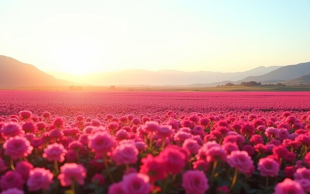 Panoramic view of a vibrant pink Bulgarian rose field stretching towards distant mountains under a clear sky.