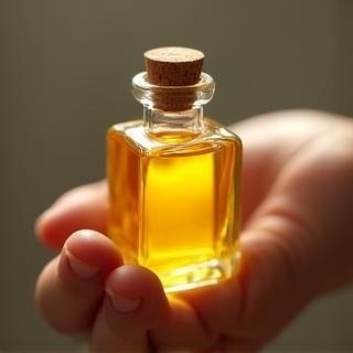 Close-up image showcasing a small glass bottle filled with precious golden Bulgarian rose oil, held gently in a hand with a soft, natural light.