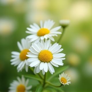 A close-up photograph of delicate white and yellow chamomile flowers with lush green leaves, bathed in soft natural light.