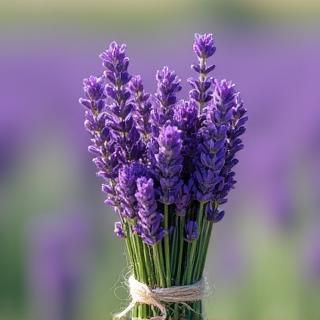 A bundle of vibrant purple fresh lavender sprigs tied with string, set against a blurred background suggesting a field or garden.