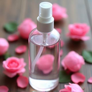 A clear glass spray bottle containing delicate rose water, surrounded by fresh, vibrant pink rose petals and leaves on a rustic wooden surface.