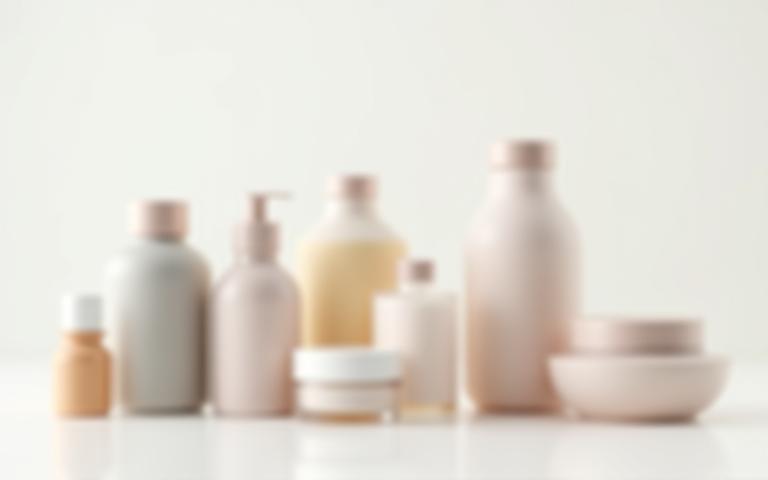 An arrangement of various cosmetic product bottles and jars in different shapes and sizes, representing private label possibilities, on a clean, minimalist background.