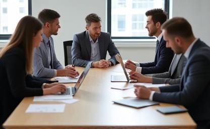 Illustration or photo depicting a professional meeting or consultation session, with people discussing documents or ideas around a table.