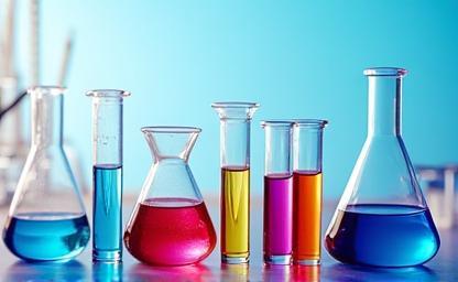 Image representing cosmetic formulation, showing laboratory equipment like beakers and test tubes with colorful liquid formulations.