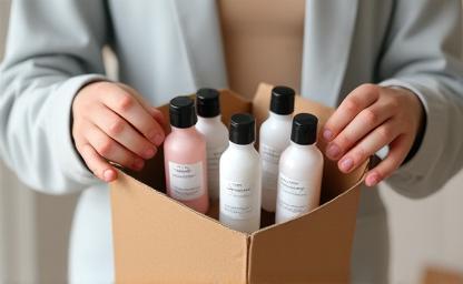 Image showing cosmetic product bottles or jars being placed into boxes or prepared for final packaging, possibly with brand labels visible.