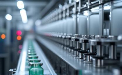 Image representing a clean cosmetic production line, showing bottling or filling machinery with products moving along a conveyor belt.